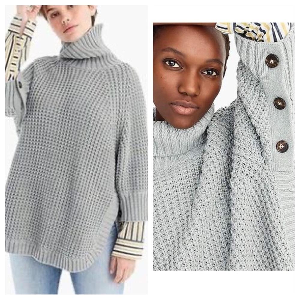 NWT J. Crew sz S Chunky Grey Knit Turtleneck Button Sleeve Poncho Sweater